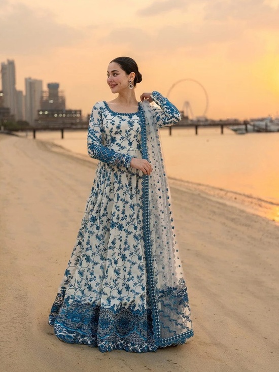 Faiza Saqlain Dresses & Skirts - Elegant Blue & White Floral Maxi Dress with Sheer Dupatta brand Faiza saqlain